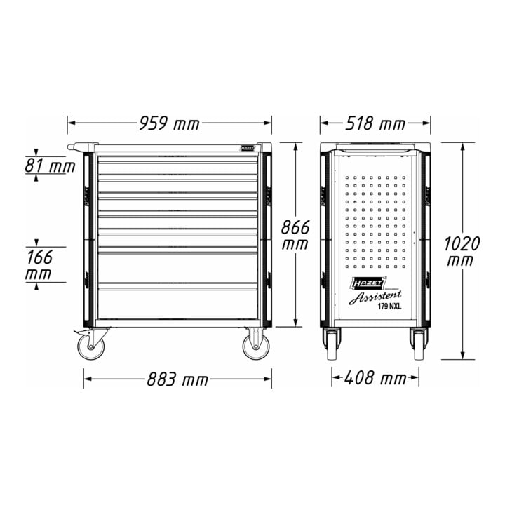 HAZET Werkstattwagen Assistent 179NXL-8/317 Schubladen flach: 7 x 77 x 696 x 398 mm Schubladen hoch: 1 x 162 x 696 x 398 mm Anzahl Werkzeuge: 317