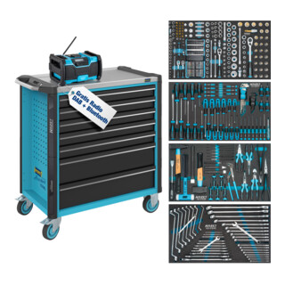 HAZET Werkstattwagen Assistent 179NXL, Sortiment 179NXL-7/382, 382-teilig, Schubladen, flach: 5× 81 x 696 x 398 mm, Schubladen, hoch: 2× 166 x 696 x 398 mm