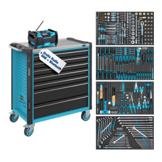 HAZET Werkstattwagen Assistent 179NXL, Sortiment 179NXL-7/382, 382-teilig, Schubladen, flach: 5× 81 x 696 x 398 mm, Schubladen, hoch: 2× 166 x 696 x 398 mm + Gratis-Radio