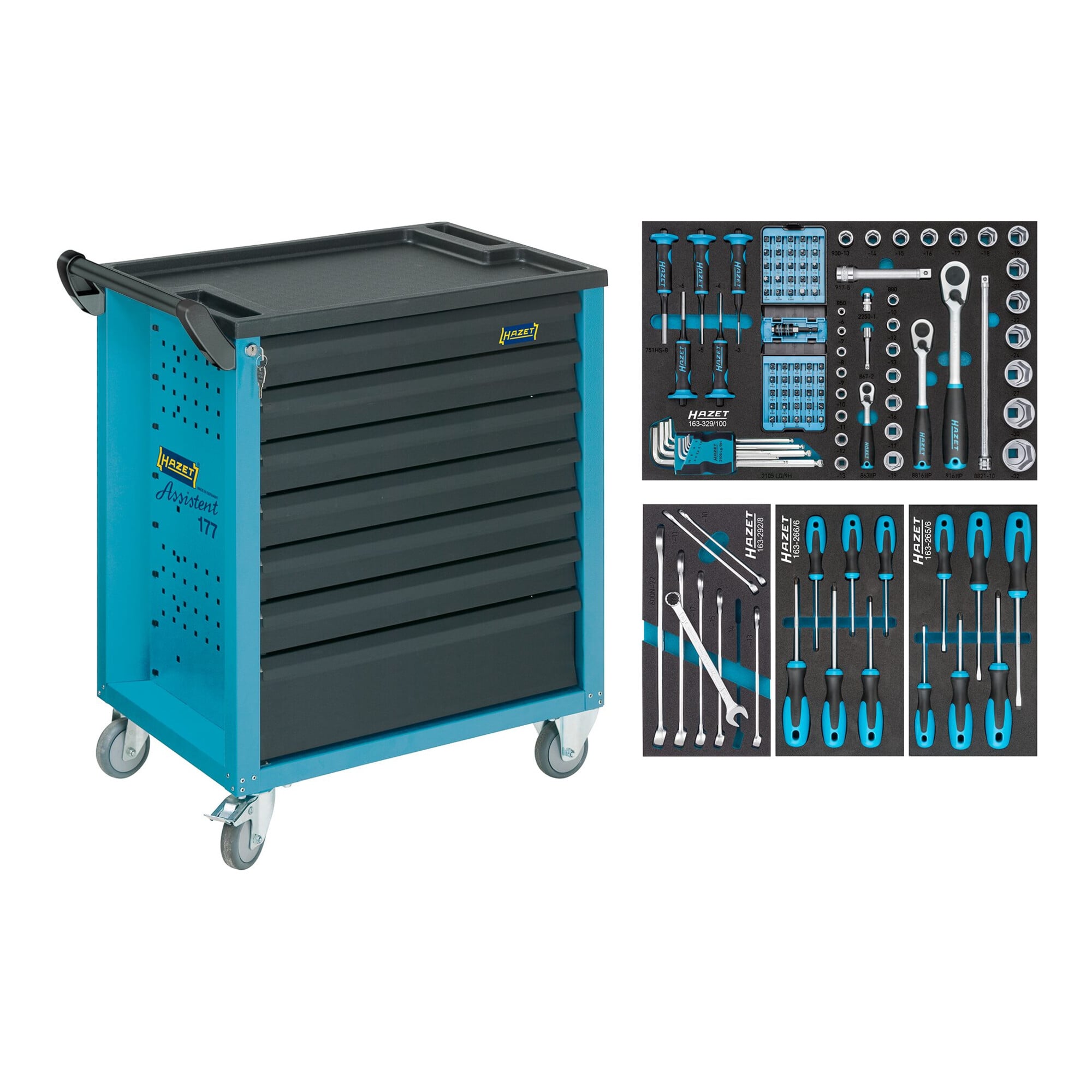 HAZET Werkstattwagen Assistent mit Sortiment 177-7/120 Schubladen flach: 6 x 80 x 527 x 348 mm Schubladen hoch: 1 x 165 x 527 x 348 mm Anzahl Werkzeug