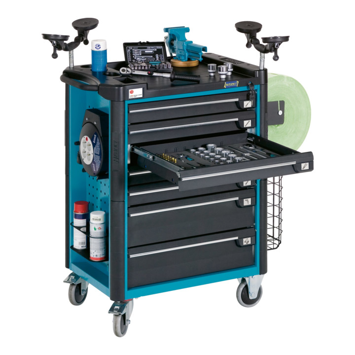 HAZET Werkstattwagen Assistent mit Sortiment 179-8-2700-163/296 Schubladen flach: 7 x 80 x 527 x 398 mm Schubladen hoch: 1 x 165 x 527 x 398 mm Anzahl Werkzeuge: 296