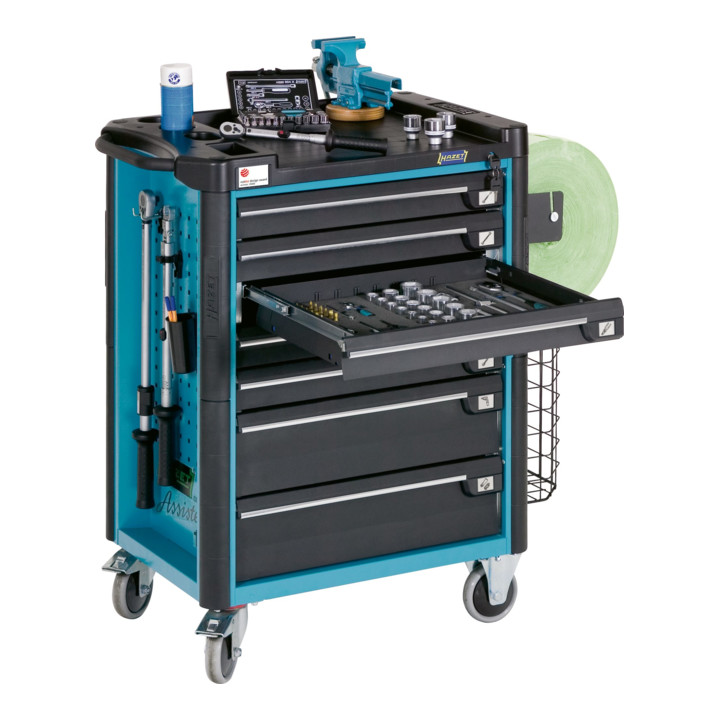HAZET Werkstattwagen Assistent mit Sortiment 179-8-2700-163/296 Schubladen flach: 7 x 80 x 527 x 398 mm Schubladen hoch: 1 x 165 x 527 x 398 mm Anzahl Werkzeuge: 296