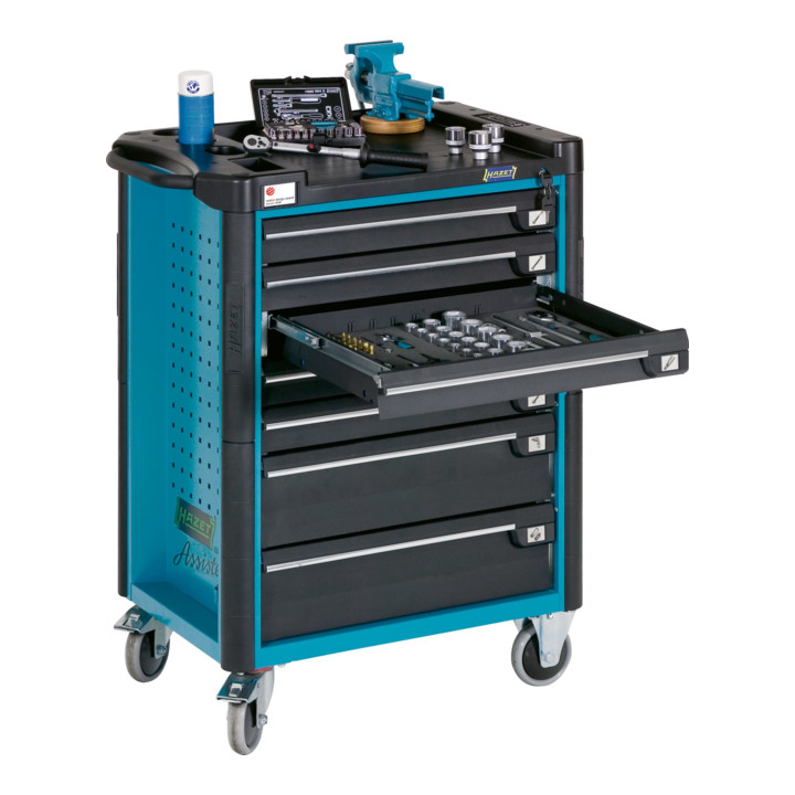 HAZET Werkstattwagen Assistent mit Sortiment 179-8-2700-163/296 Schubladen flach: 7 x 80 x 527 x 398 mm Schubladen hoch: 1 x 165 x 527 x 398 mm Anzahl Werkzeuge: 296
