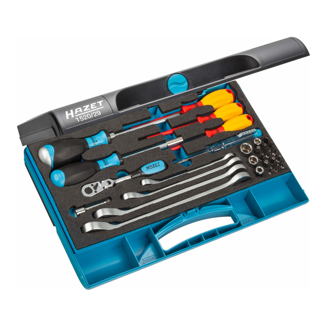 HAZET Werkzeug-Satz Sanitär / Heizung 1520/29 ∙ Sechskant massiv 6,3 (1/4 Zoll), Vierkant hohl 6,3 mm (1/4 Zoll) ∙ Außen-Doppel-Sechskant-Tractionsprofil, Außen-Sechskant-Tractionsprofil, Sechskant hohl 6,3 (1/