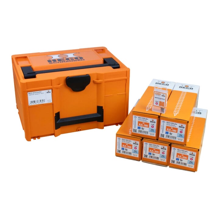 HECO Aktionskoffer "Tellerkopf", HT-plus Tellerkopfschrauben 8,0 x 180, Teilgewinde, blau verzinkt, HT-plus Tellerkopfschrauben 8,0 x 200, Teilgewinde, blau verzinkt, Langbits HD-40 70mm, in Systainer3 M237