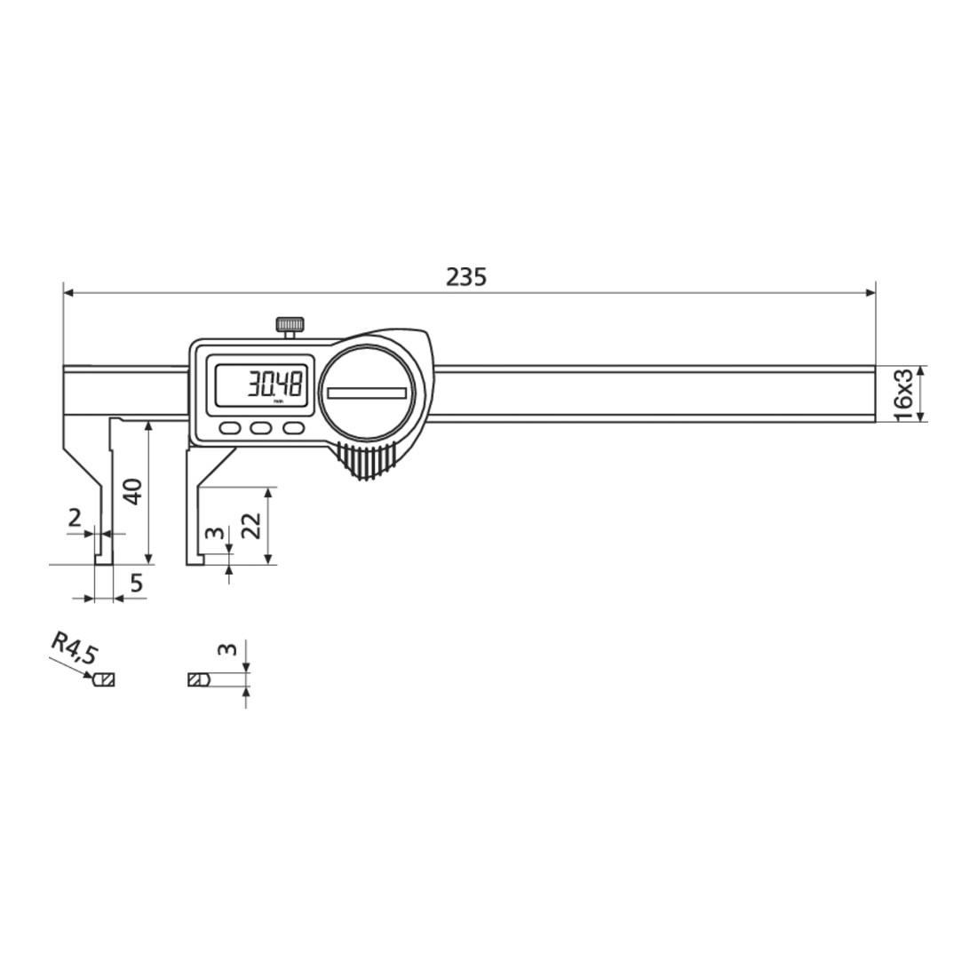Helios-Preisser Pied à coulisse numérique IP67, becs extérieurs inclinés, 150 mm