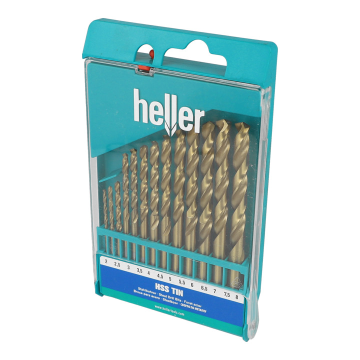 Heller HSS TIN DIN 338 Stahlbohrer, Rundschaft, set 13-tlg. Durchmesser 2/2,5/3/…/7/7.5/8