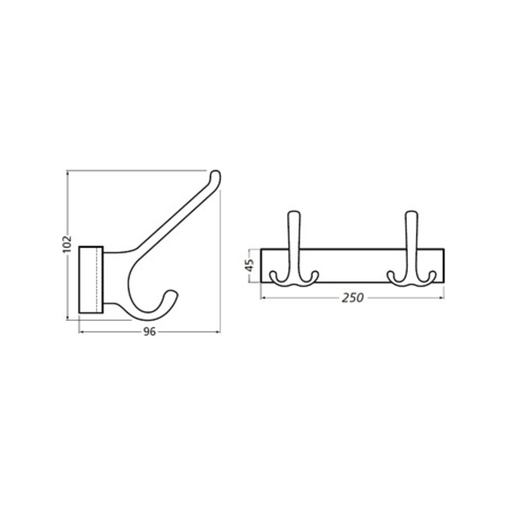 Hermeta Huthaken-Leiste 0822-0825 2 Hak.A.96mm LM.silberf.elox.H.102mm