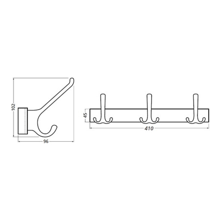 Hermeta Huthaken-Leiste 0822-0825 3 Hak.A.96mm LM.silberf.elox.H.102mm