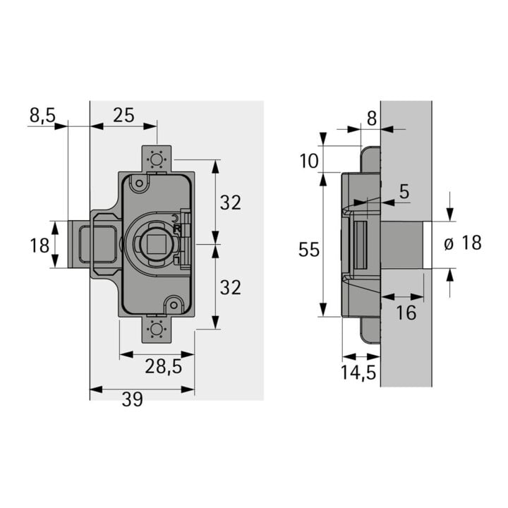 Hettich Drehstangenschloss Set mit Innenvierkant 25 mm