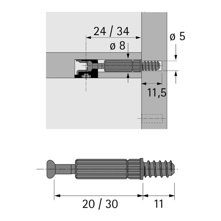 Hettich Einschraubdübel Bohr, Durchmesser 5mm, Spannmaß 20mm Twister DU 243, 20056 verzinkt