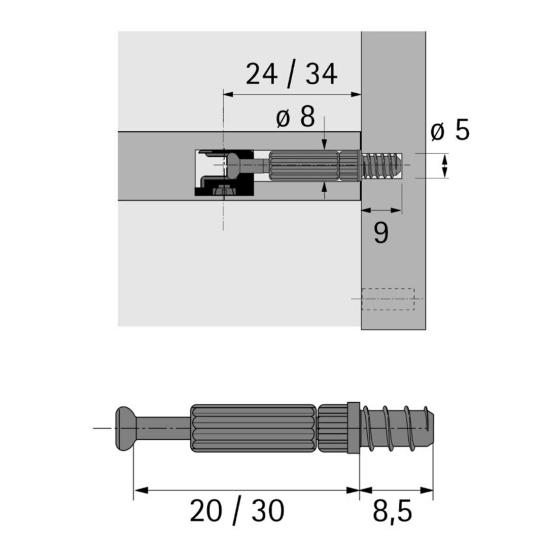 Hettich Einschraubdübel Bohr, Durchmesser 5mm, Spannmaß 20mm Twister DU 319, 48037 verzinkt