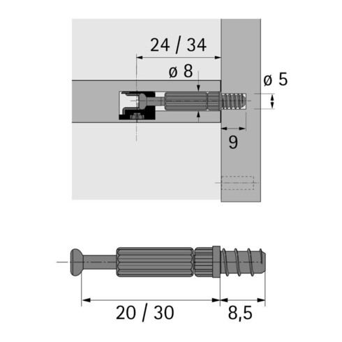 Hettich Einschraubdübel Bohr, Durchmesser 5mm, Spannmaß 20mm Twister DU 319, 48037 verzinkt