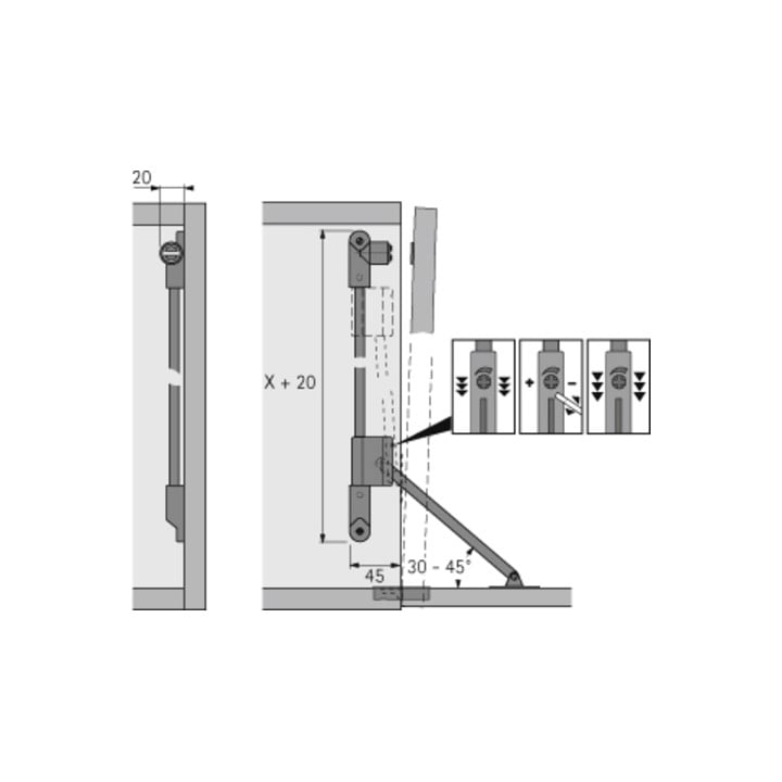 Hettich Klappenhalter Klassik D mit Magnet-Zuhaltung , Korpushöhe 290 mm, Anschlagseite rechts, vernickelt