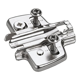 Hettich Kreuzmontageplatte mit Direkt-Höhenverstellung, vernickelt, Lochreihe 37 x 32 mm, mit Spanplattenschrauben (für Bohrung ø 2,5 mm), Distanz 0,0 mm