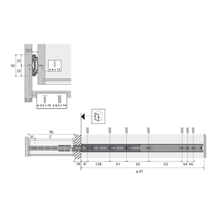 Hettich Kugelauszug KA 4932, Einbaubreite 12,7 mm, Länge 300 mm