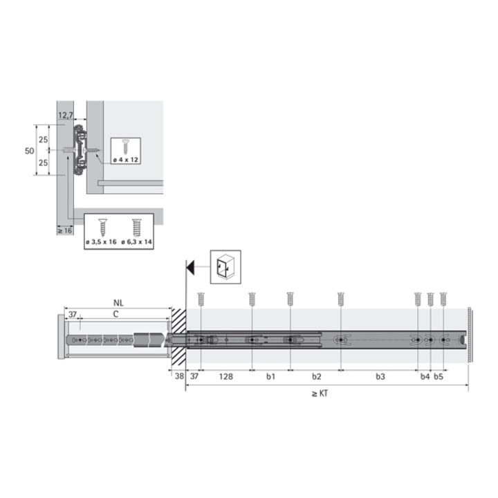 Hettich Kugelauszug KA 4932, Einbaubreite 12,7 mm, Länge 350 mm
