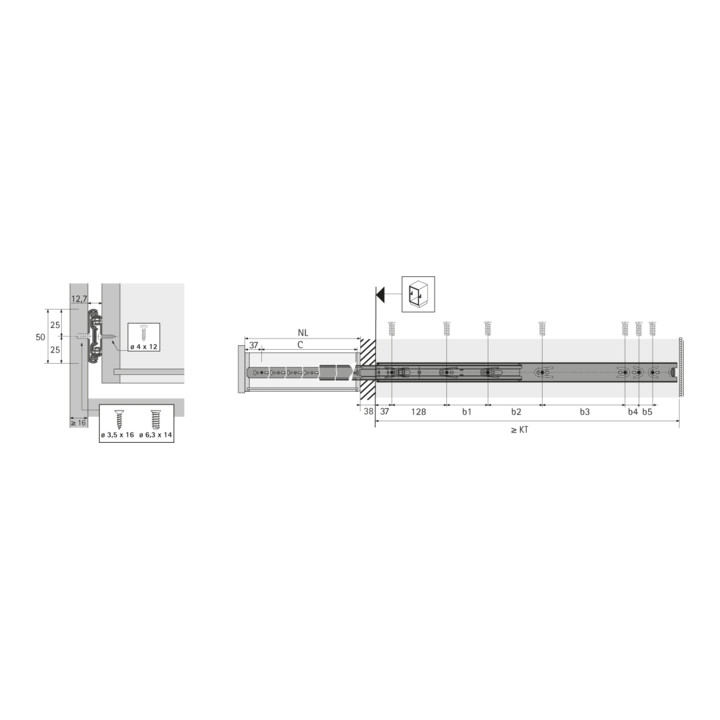 Hettich Kugelauszug KA 4932, Einbaubreite 12,7 mm, Länge 500 mm
