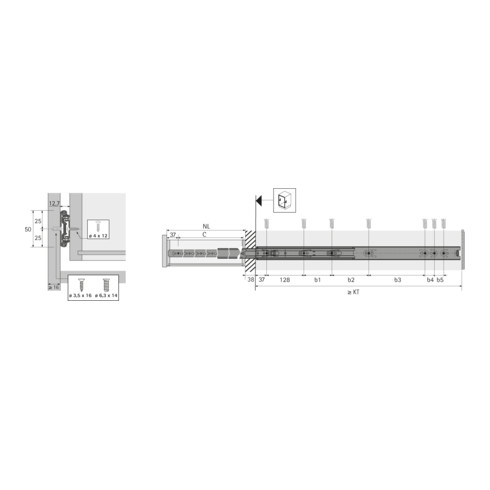 Hettich Kugelauszug KA 4932, Einbaubreite 12,7 mm, Länge 700 mm