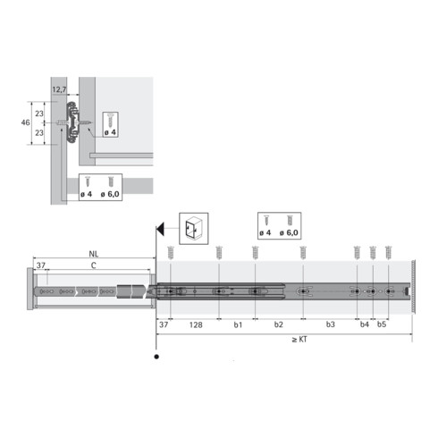 Hettich Kugelauszug KA 5632, Einbaubreite 12,7 mm, Länge 700 mm, verzinkt, passiviert