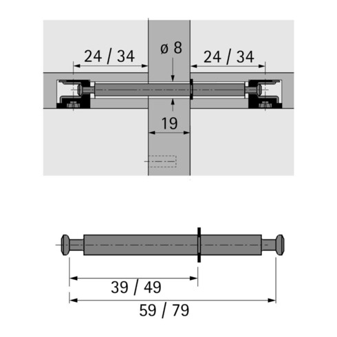 Hettich MB-Doppeldübel BohrØ 8mm,Spannmaß39/59mm MW 19mm, DU880, 79554 St, verzinkt