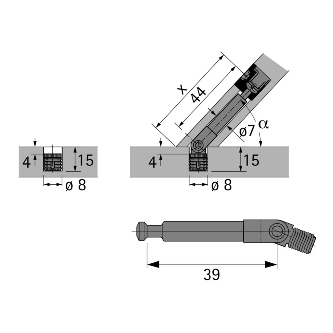 Hettich MB-Goujon articulé perçage, diamètre 8 mm, dimension de serrage 39 mm DU 634, 9129712 acier zingué