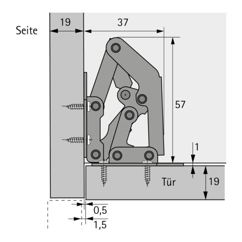 Hettich Möbel-Aufschraubscharnier mit Feder, 90° 19639 Stahl vernickelt