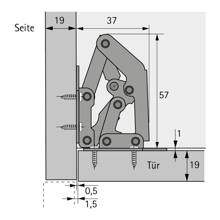 Hettich Möbel-Aufschraubscharnier mit Feder, 90° 19639 Stahl vernickelt