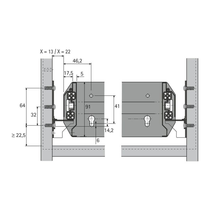 Hettich Quadro Duplex 60 9078694 guide de tiroir bureau pour montage continu, zingué