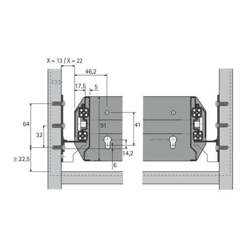 Hettich Quadro Duplex 70 9078717, guide de tiroir bureau pour corps, galvanisé
