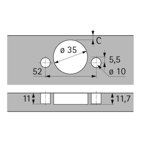 Hettich Intermat 110°-Scharnier (Intermat 9943), vorliegend, Öffnungswinkel 110°, TH-Bohrbild 52 x 5,5 mm, zum Einpressen (ø 10 x 11)