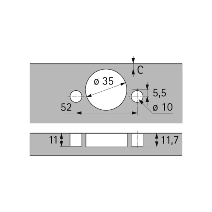 Hettich Intermat 110°-Scharnier (Intermat 9943), vorliegend, Öffnungswinkel 110°, TH-Bohrbild 52 x 5,5 mm, zum Einpressen (ø 10 x 11)