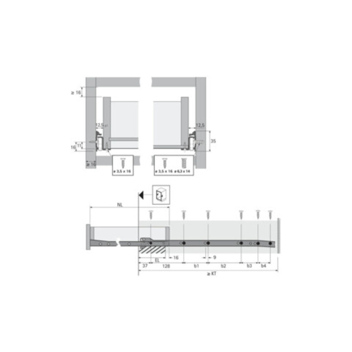 Hettich Teilauszug FR 402 m.Stop Control STA weiß L.350mm 25kg Schubkastenlänge 350mm