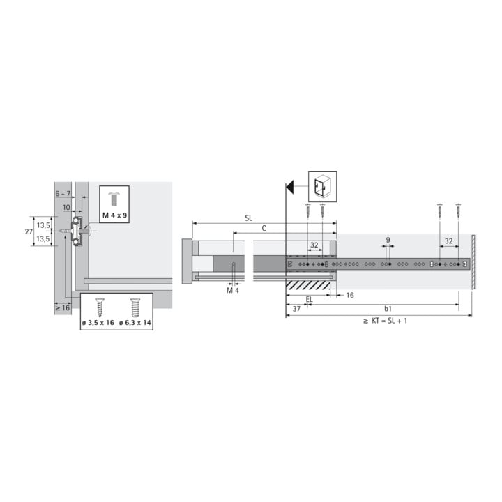 Hettich Teilauszug KA 270 STA verz.L.350mm 12kg Schubkastenlänge 350-550mm
