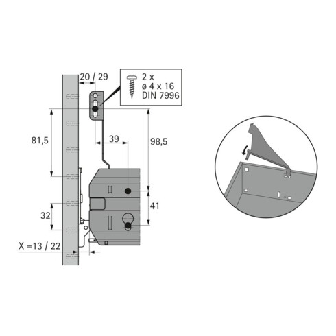Hettich Tiroir en acier Support de façade pour cadre de suspension 20592 Acier alu optique poudré