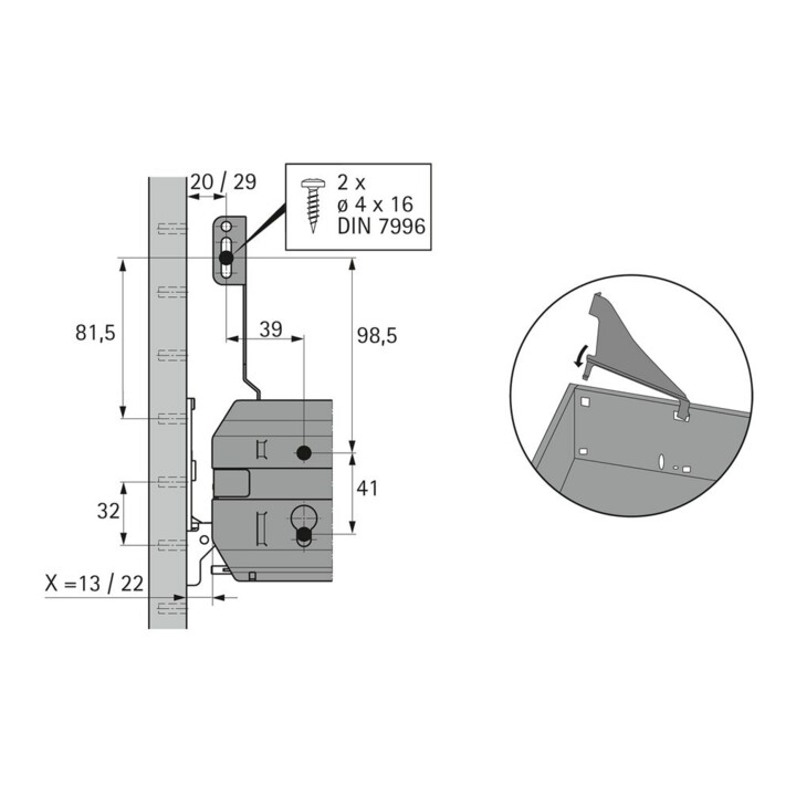 Hettich Tiroir en acier Support de façade pour cadre de suspension 20592 Acier alu optique poudré