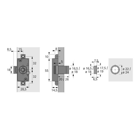 Hettich Zylinderdrehstangenschloss Set Prestige 2000 Z23, ø18mm, Zum Anschrauben, 15 mm, 20 mm