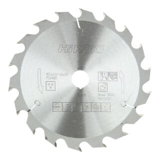 HiKOKI Lame de scie circulaire TCT 165 x 20 Z18 denture alternée bois