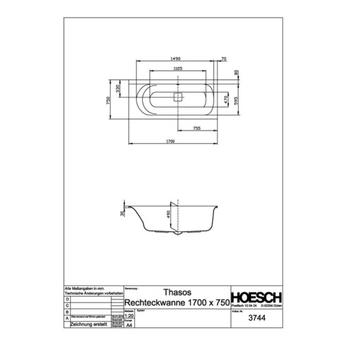 Hoesch Badewanne THASOS 1700 x 750 x 490 mm weiß