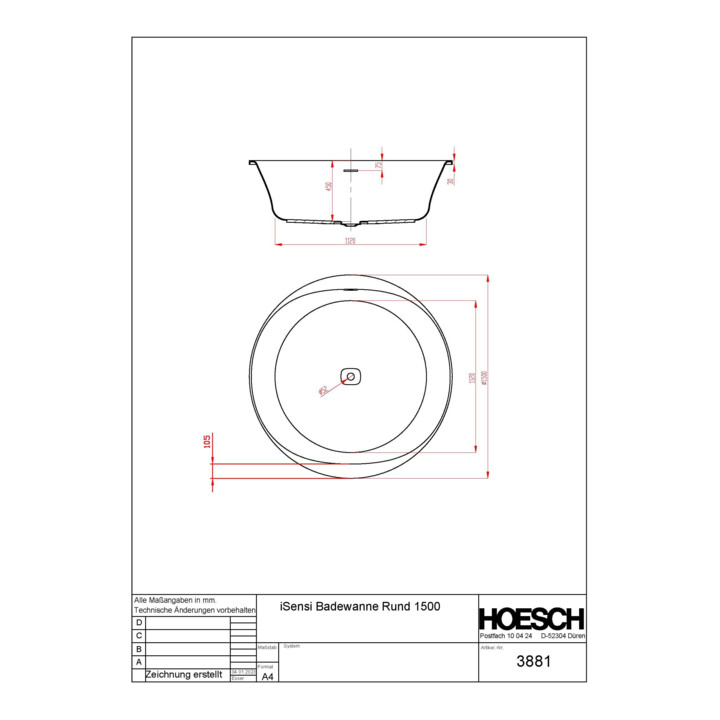 Hoesch Rund-Badewanne iSENSI d= 150cm, weiß