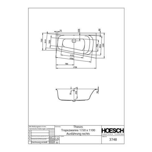 Hoesch Trapez-Badewanne THASOS 1750 x 1100 x 490 mm, rechte Ausführung weiß