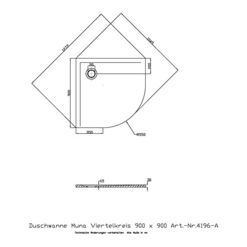 Hoesch Viertelkreis-Duschwanne MUNA 900 x 900 x 30 mm weiß