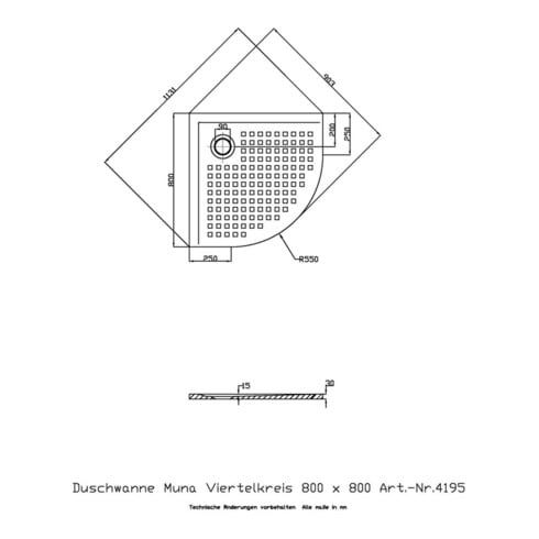 Hoesch Viertelkreis-Duschwanne MUNA mit Antirutsch 800 x 800 x 30 mm weiß