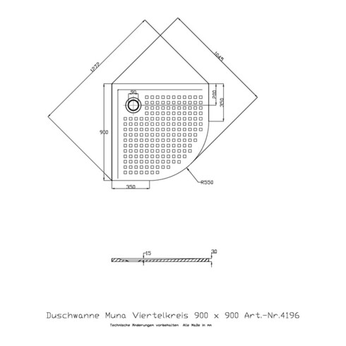 Hoesch Viertelkreis-Duschwanne MUNA mit Antirutsch 900 x 900 x 30 mm weiß