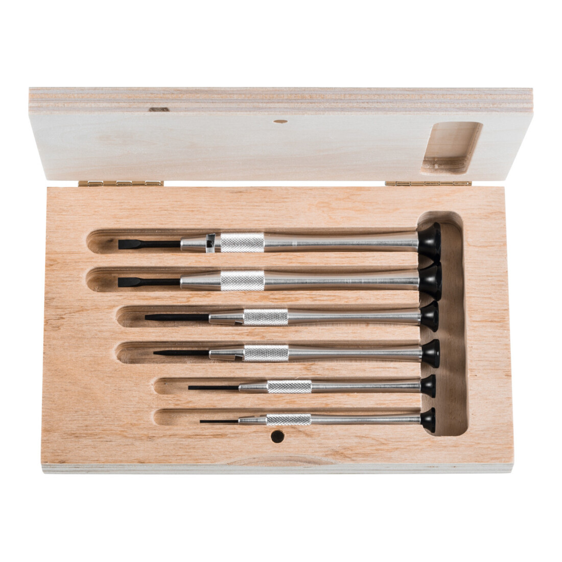 HOLEX Set horlogemakersschroevendraaiers, 6-delig met aluminium handvat in houten box, Aantal delen: 6