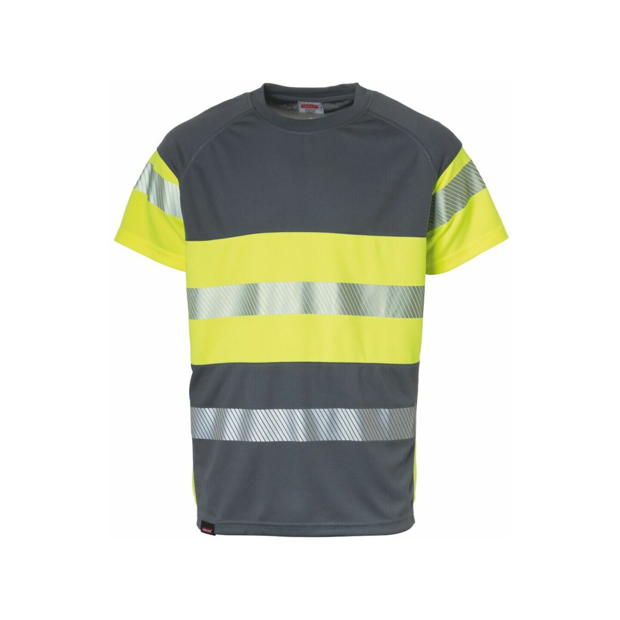 HOLEX Warnschutz T-Shirt grau/gelb Unisex-Größe L aus Polyester/Baumwolle mit Reflektorstreifen und Rundhalsausschnitt für Arbeitsschutz, 091656 L