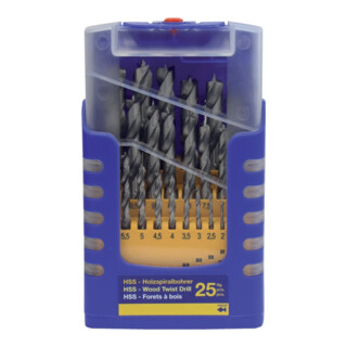 Holzspiralbohrersatz 013G 25-tlg.D.1-13mm 0,5mm steig.HSS FISCH-TOOLS