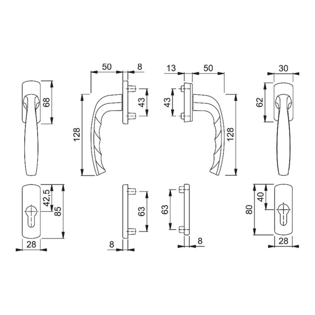 Hoppe Balkongarnitur NY 0810/961N/U10/… Alu.F1 63-73mm 4-KT.7mm