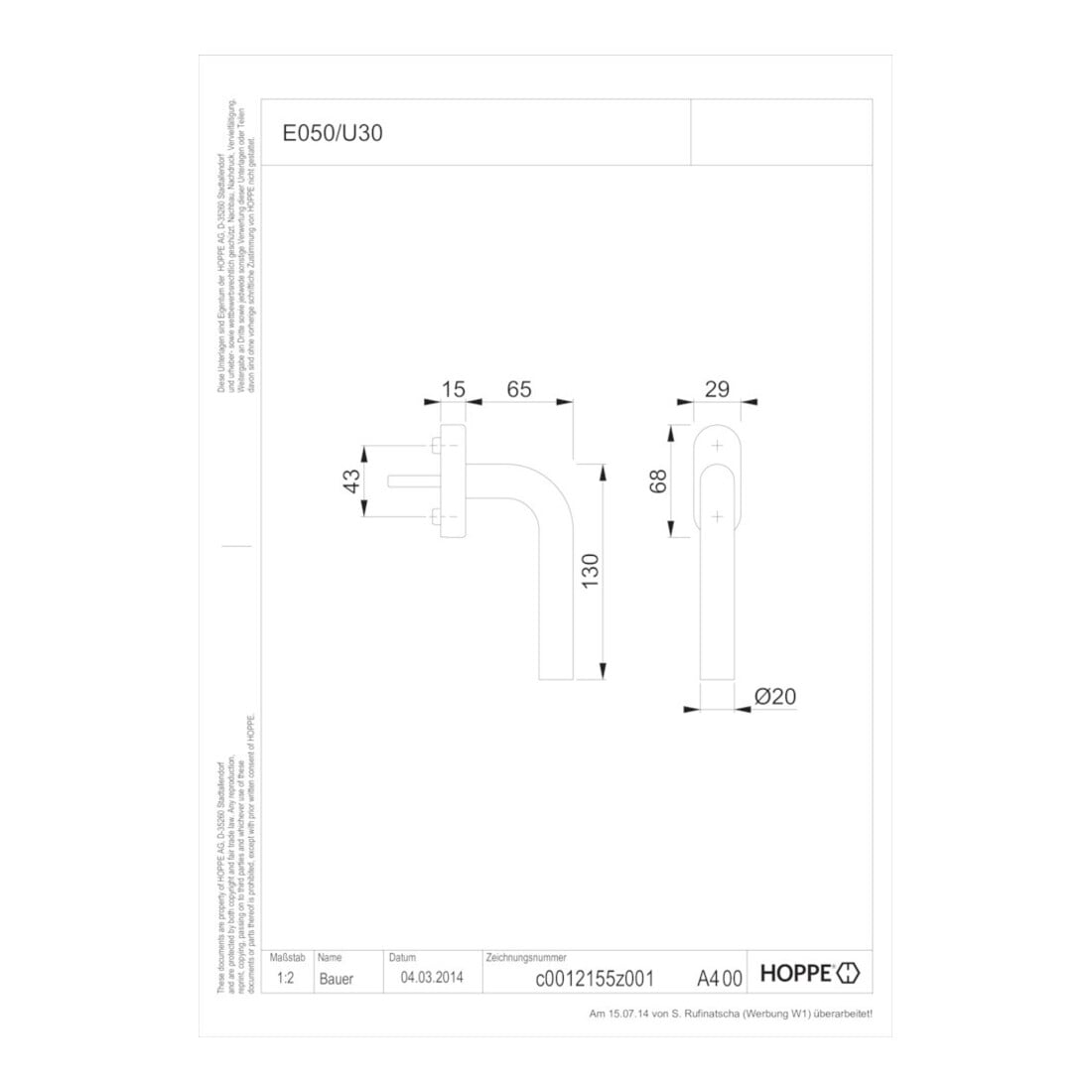 HOPPE DF-Fenstergriff Bonn E050/U30 mit ovaler Rosette,VK7x35 F69 matt gebürstet