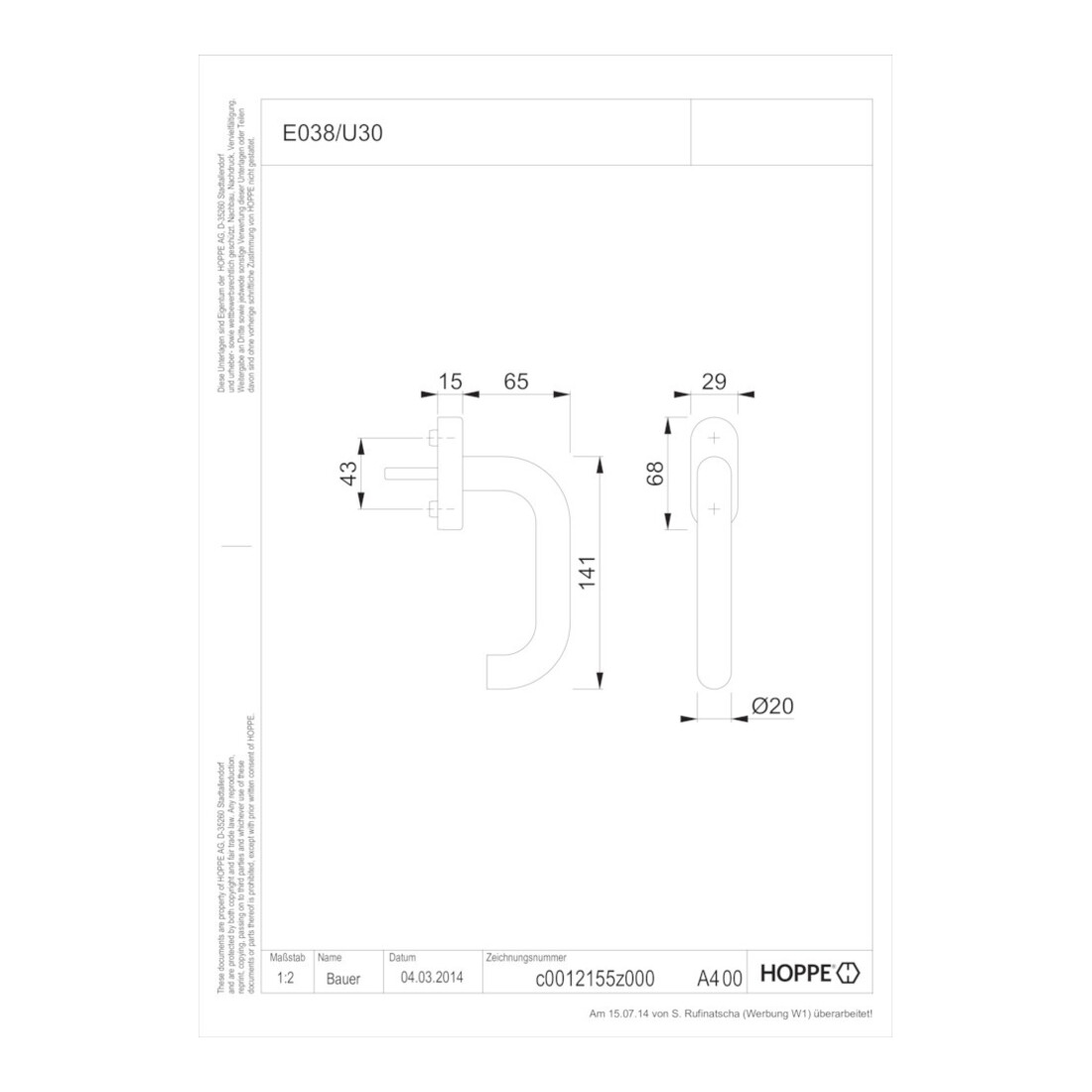 HOPPE DK-Fenstergriff Paris E038/U30 mit ovaler Rosette VK7x35,F69